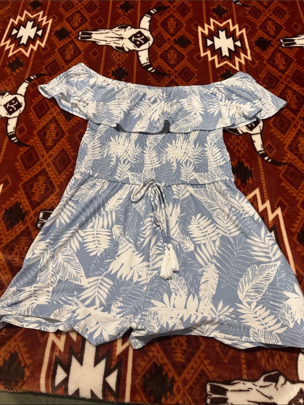 Derek Heart Sky Blue & White Palm-Print Off-Shoulder Romper